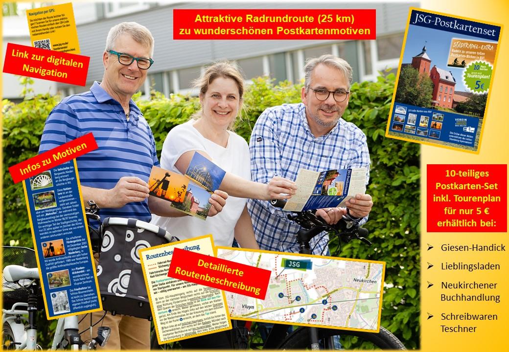 Günter Weppler, Katja Havestadt und Marc Hell laden mit der Radkarte und Motiven aus dem JSG-Postkartenset zur Radtour ein.<br>