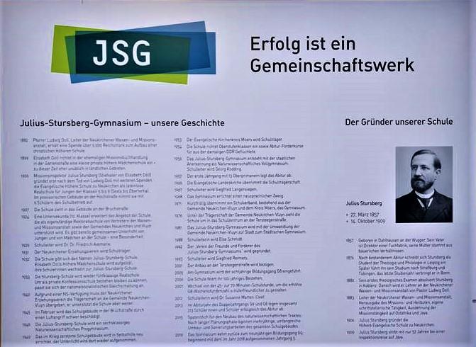 <p class="MsoNormal" style="margin-bottom:0cm;margin-bottom:.0001pt;line-height:normal">Nach Ende der umfangreichen Umbau- und Sanierungsarbeiten kehrte unser Namensgeber Julius Stursberg wieder an seinen alten Platz im Eingangsbereich des JSG zurück. Die neue Tafel mit der Chronik unserer Schule wurde finanziell ermöglicht durch den JSG-Förderverein und gestalterisch durch Herrn Jürgen Spykers.</p>